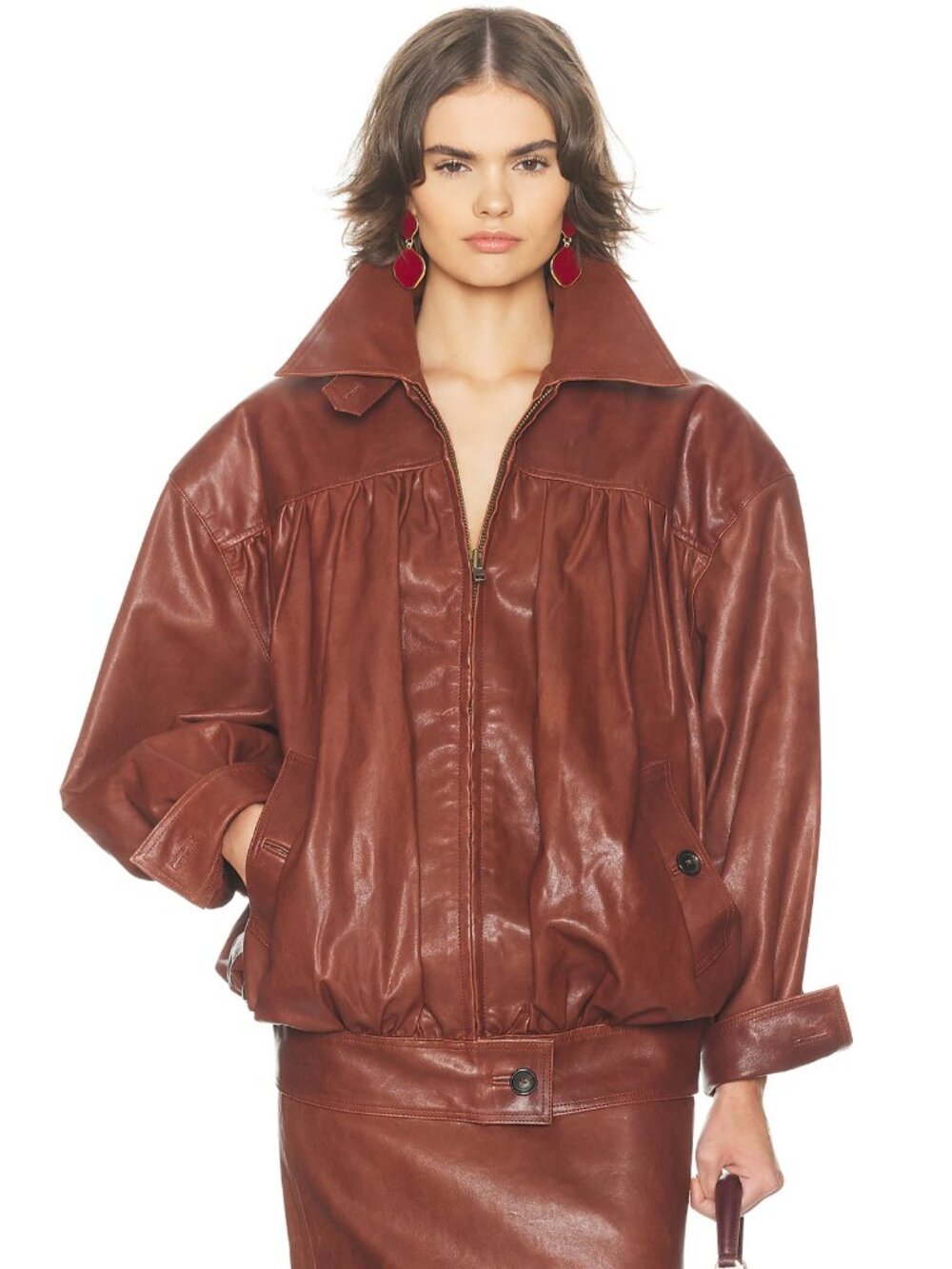 Helsa The Shirred Oversized Leather Jacket in Cognac Brown Biker Bomber Coat XS